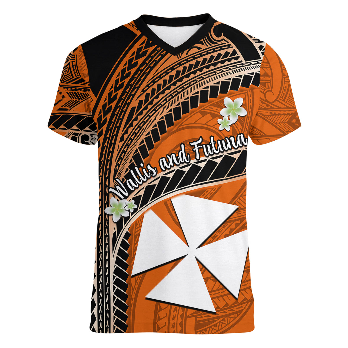 (Custom Personalised) Wallis And Futuna Women V Neck T Shirt Plumeria Flowers With Orange Polynesian Pattern LT14 - Polynesian Pride
