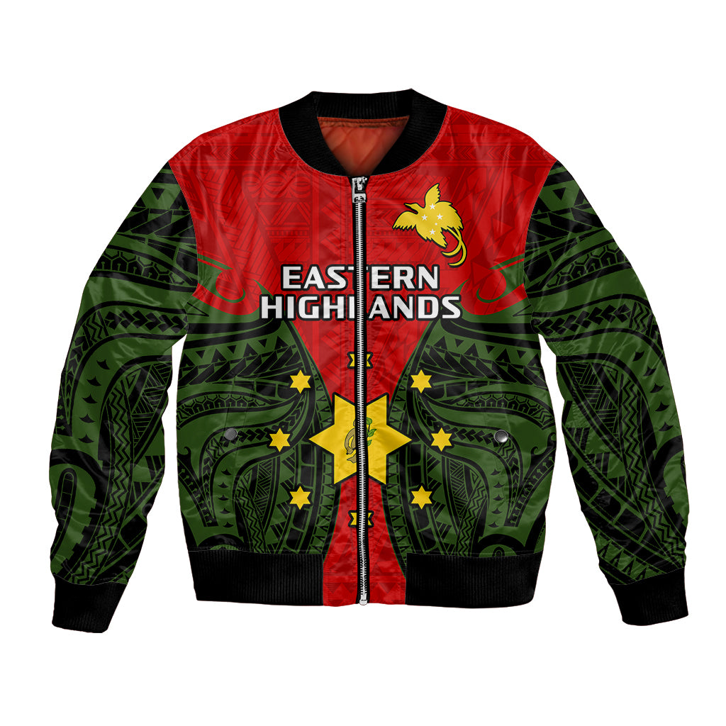 Papua New Guinea Bomber Jacket Eastern Highlands Province Mix Coat Of Arms Polynesian Art LT14 Unisex Red - Polynesian Pride