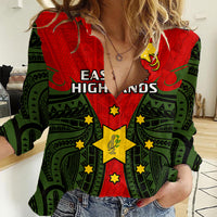 Papua New Guinea Women Casual Shirt Eastern Highlands Province Mix Coat Of Arms Polynesian Art LT14 Female Red - Polynesian Pride