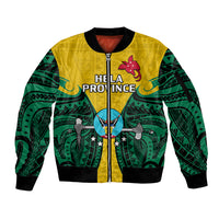 Papua New Guinea Sleeve Zip Bomber Jacket Hela Province Mix Coat Of Arms Polynesian Art LT14 Unisex Yellow - Polynesian Pride
