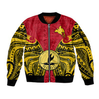 Papua New Guinea Sleeve Zip Bomber Jacket National Capital District Mix Coat Of Arms Polynesian Art LT14 Unisex Red - Polynesian Pride