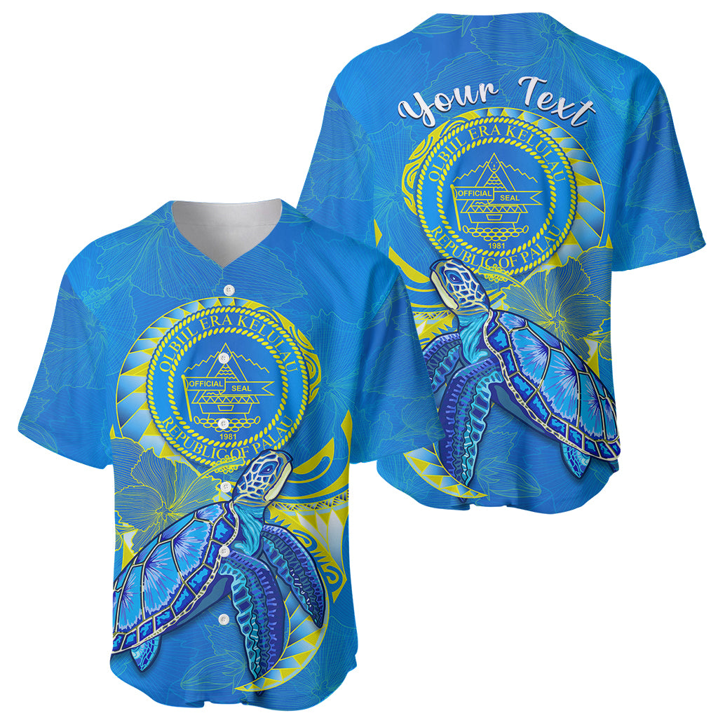 (Custom Personalised) Palau Baseball Jersey Hibiscus Turtle Mix Coat Of Arms Blue Version LT14 Blue - Polynesian Pride