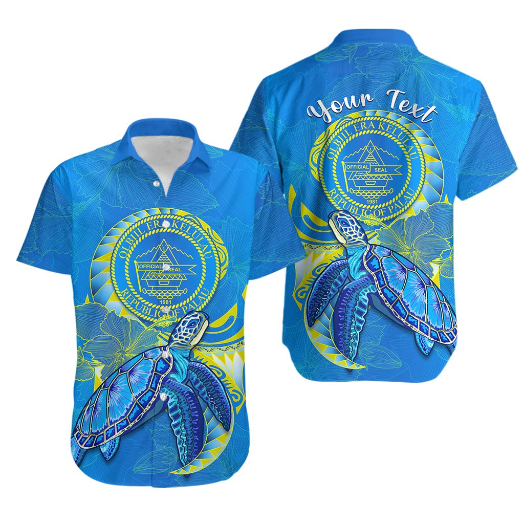(Custom Personalised) Palau Hawaiian Shirt Hibiscus Turtle Mix Coat Of Arms Blue Version LT14 Blue - Polynesian Pride
