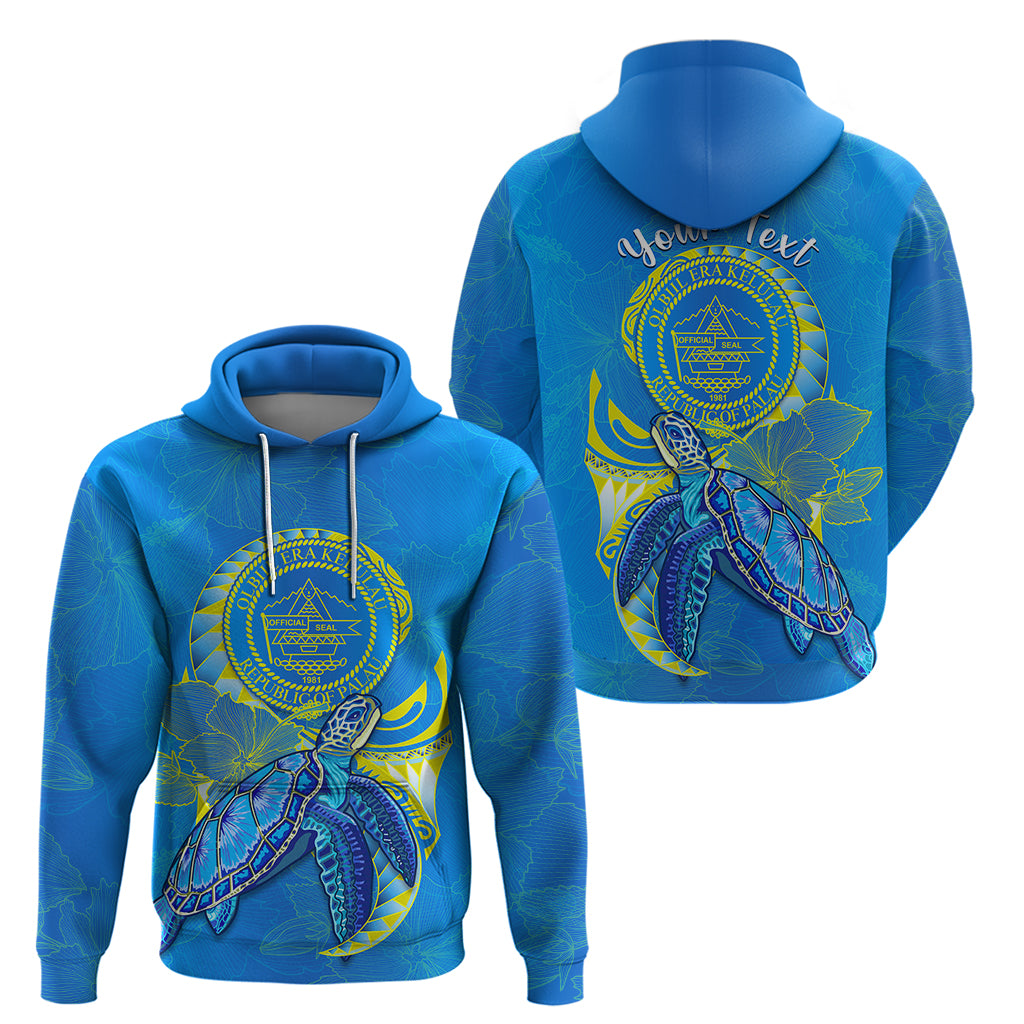 Custom Palau Hoodie Hibiscus Turtle Mix Coat of Arms Blue Version LT14 Pullover Hoodie Blue - Polynesian Pride