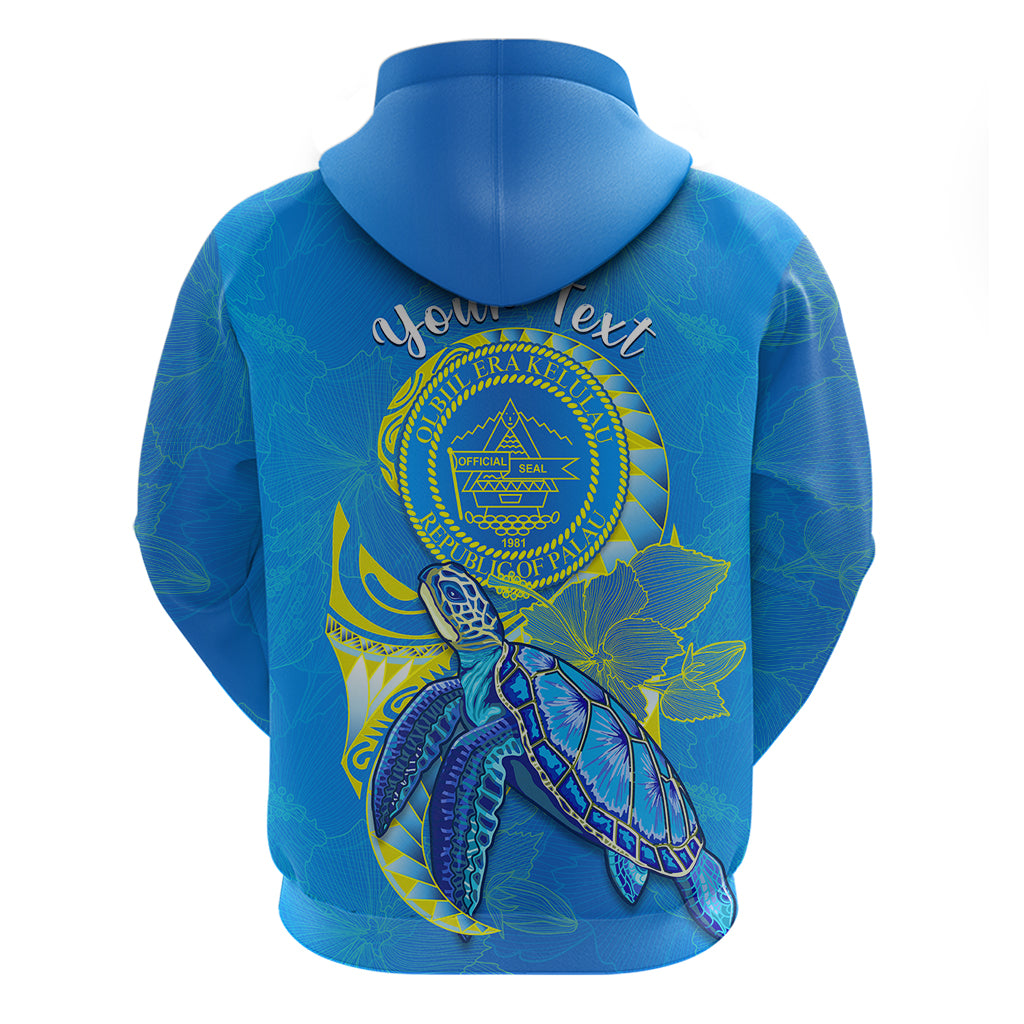 Custom Palau Hoodie Hibiscus Turtle Mix Coat of Arms Blue Version LT14 - Polynesian Pride