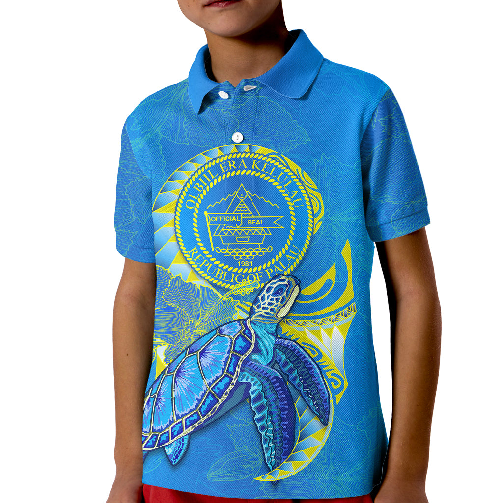 (Custom Personalised) Palau Kid Polo Shirt Hibiscus Turtle Mix Coat Of Arms Blue Version LT14 Kid Blue - Polynesian Pride