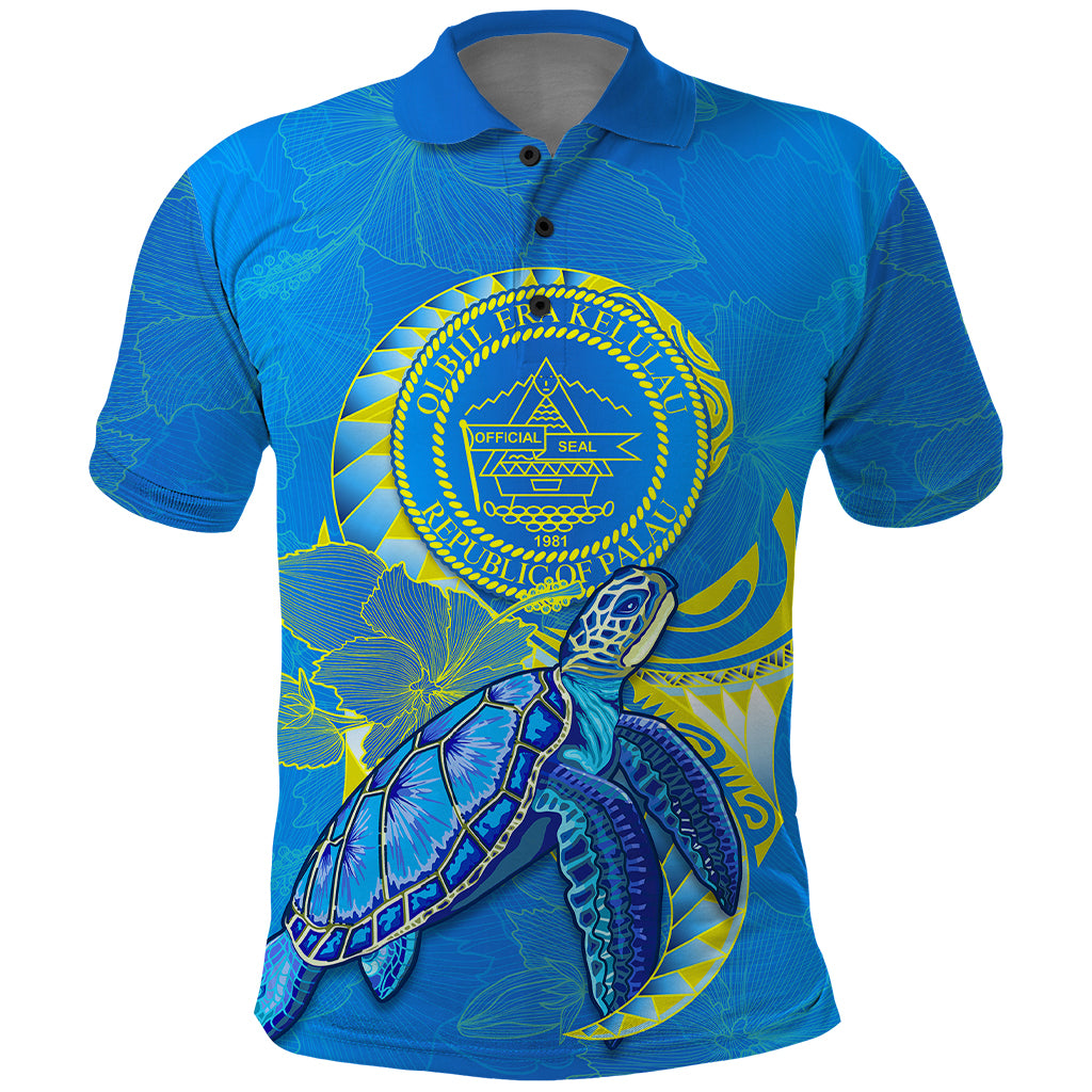 Custom Palau Polo Shirt Hibiscus Turtle Mix Coat Of Arms Blue Version LT14 Blue - Polynesian Pride