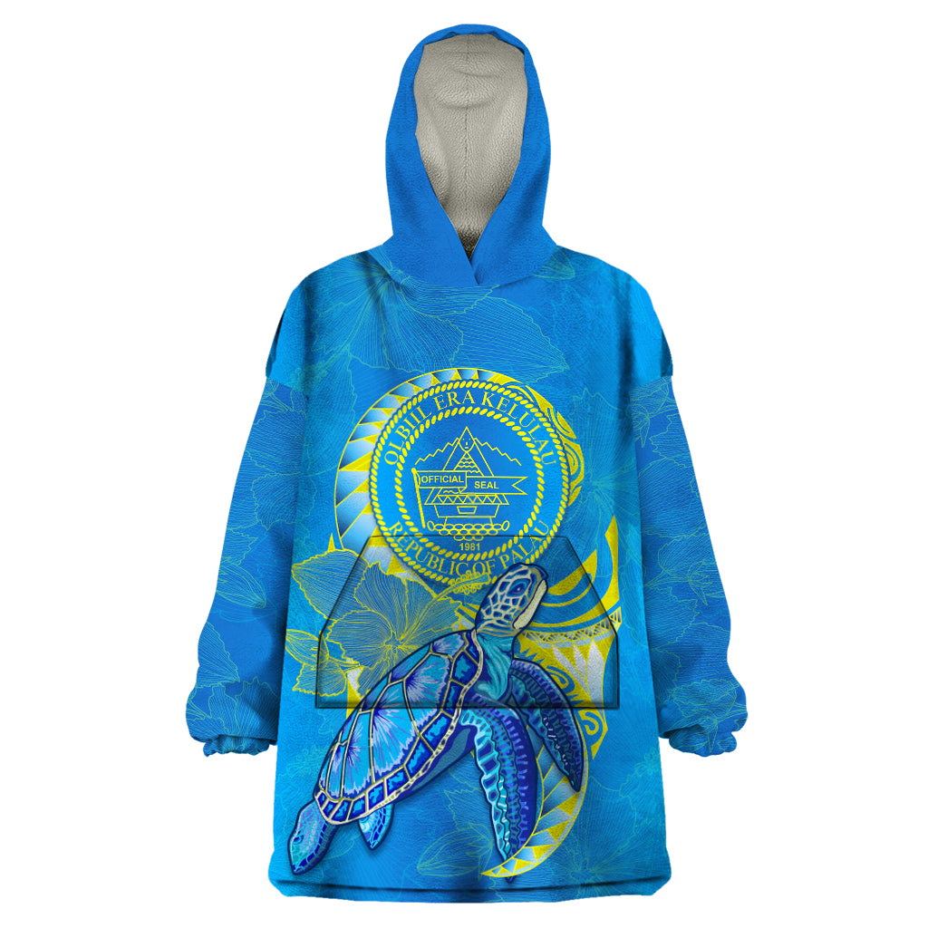 (Custom Personalised) Palau Wearable Blanket Hoodie Hibiscus Turtle Mix Coat Of Arms Blue Version LT14 One Size Blue - Polynesian Pride