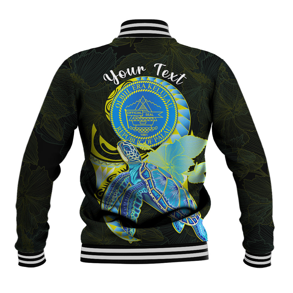 (Custom Personalised) Palau Baseball Jacket Hibiscus Turtle Mix Coat Of Arms Black Version LT14 - Polynesian Pride
