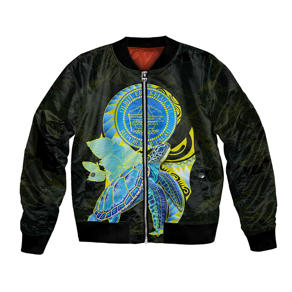 (Custom Personalised) Palau Bomber Jacket Hibiscus Turtle Mix Coat Of Arms Black Version LT14 Unisex Black - Polynesian Pride