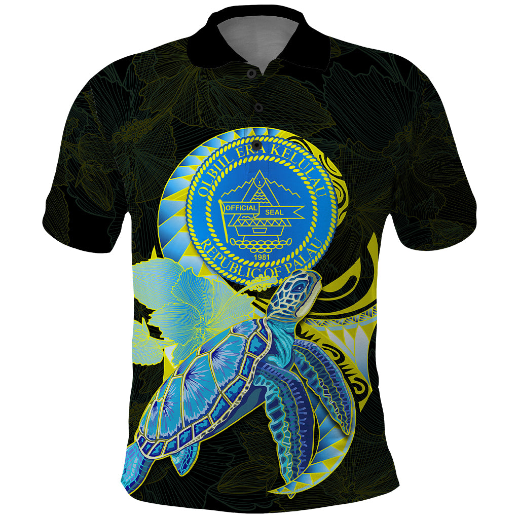 Custom Palau Polo Shirt Hibiscus Turtle Mix Coat Of Arms Black Version LT14 Black - Polynesian Pride