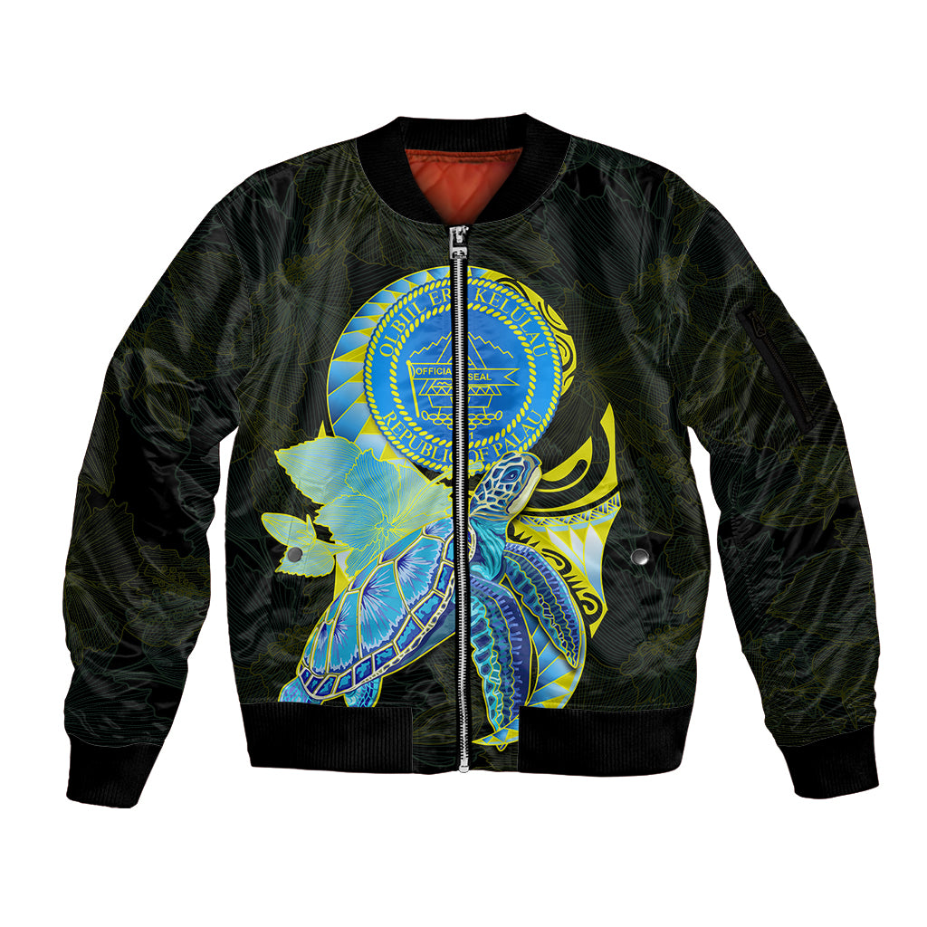 (Custom Personalised) Palau Sleeve Zip Bomber Jacket Hibiscus Turtle Mix Coat Of Arms Black Version LT14 Unisex Black - Polynesian Pride