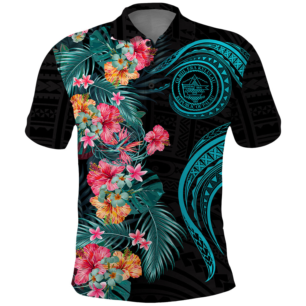 Palau Polo Shirt Tropical Flowers With Polynesian Pattern LT14 Black - Polynesian Pride