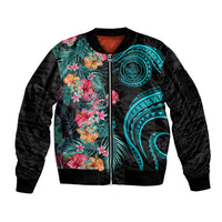 Palau Sleeve Zip Bomber Jacket Tropical Flowers With Polynesian Pattern LT14 Unisex Black - Polynesian Pride