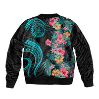 Palau Sleeve Zip Bomber Jacket Tropical Flowers With Polynesian Pattern LT14 - Polynesian Pride