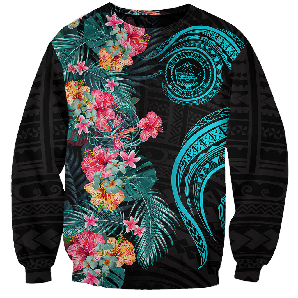 Palau Sweatshirt Tropical Flowers With Polynesian Pattern LT14 Unisex Black - Polynesian Pride