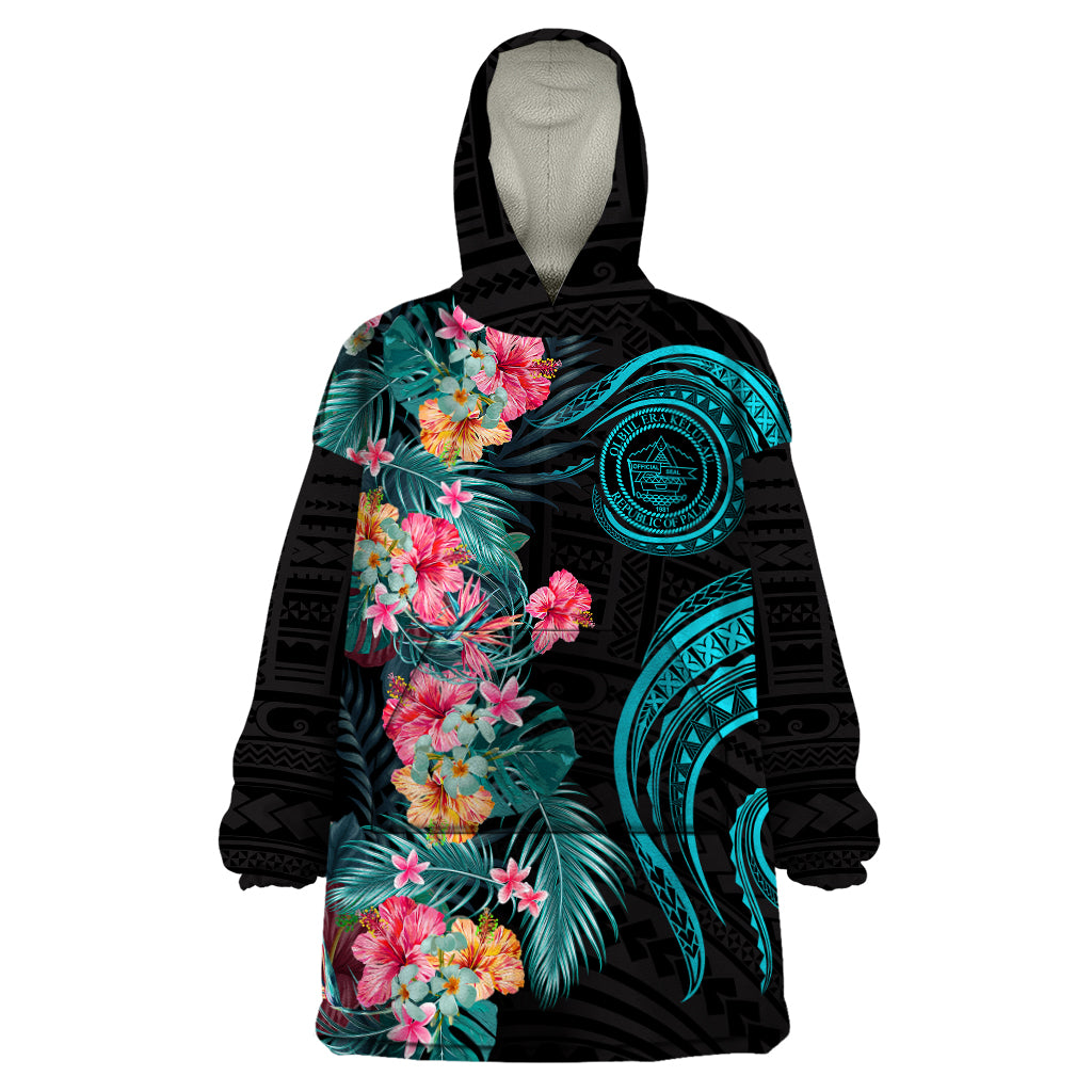 Palau Wearable Blanket Hoodie Tropical Flowers With Polynesian Pattern LT14 One Size Black - Polynesian Pride