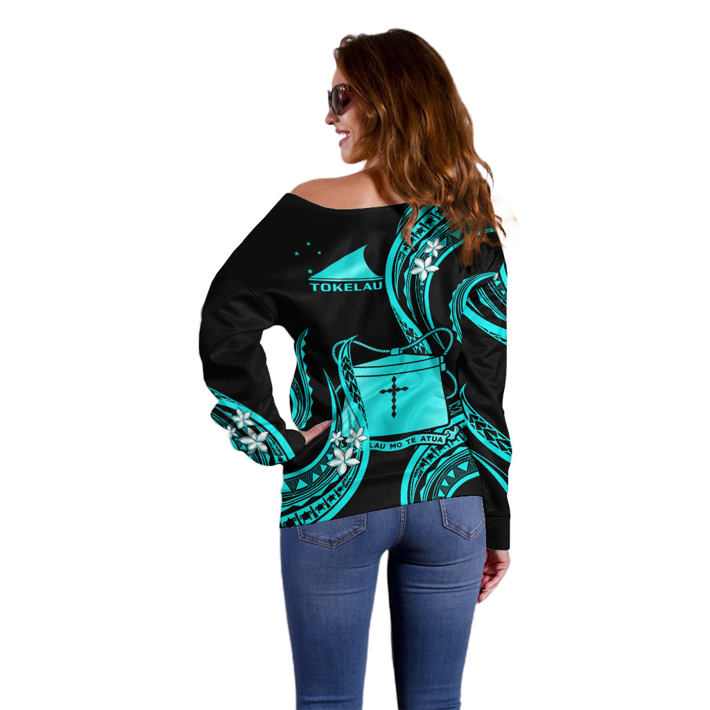 Tokelau Off Shoulder Sweater Tokelauan Tatau With Badge Light Turquoise LT14 - Polynesian Pride