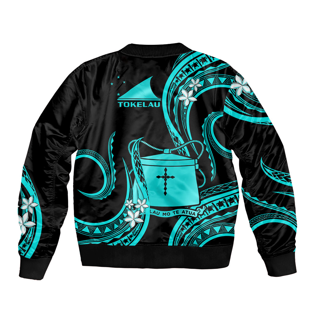 Tokelau Sleeve Zip Bomber Jacket Tokelauan Tatau With Badge Light Turquoise LT14 - Polynesian Pride