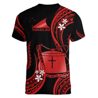Tokelau Women V Neck T Shirt Tokelauan Tatau With Badge Red LT14 - Polynesian Pride