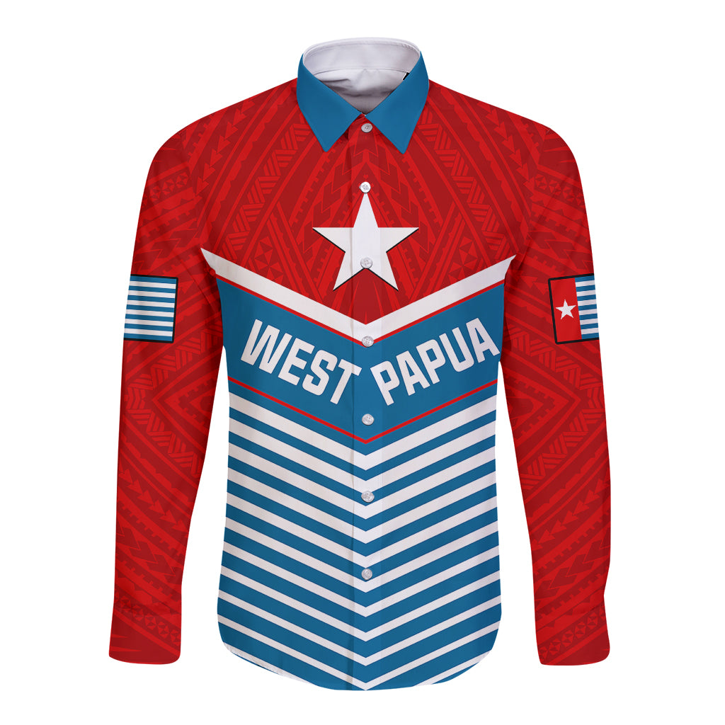 West Papua Long Sleeve Button Shirt Coat Of Arms And Morning Star Flag LT14 Unisex Blue - Polynesian Pride