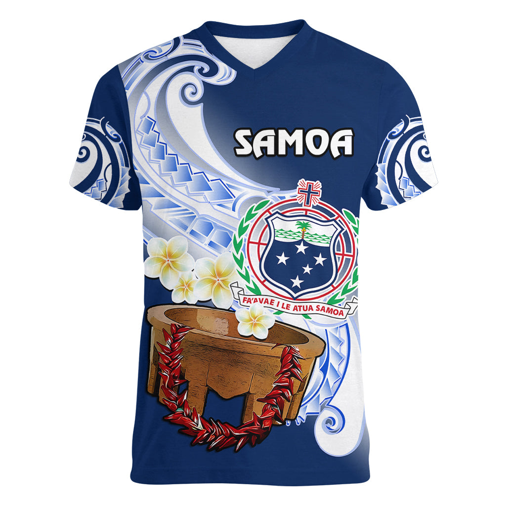 (Custom Personalised) Samoa Women V Neck T Shirt Ula Fala Kava Bowl Plumeria Polynesian Blue LT14 - Polynesian Pride
