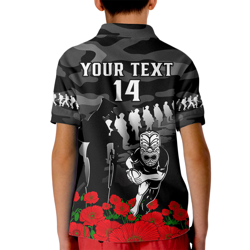 (Custom Text And Number) New Zealand ANZAC Rugby Kid Polo Shirt Silver Fern All Black Camouflage Mix Poppy LT14 - Polynesian Pride