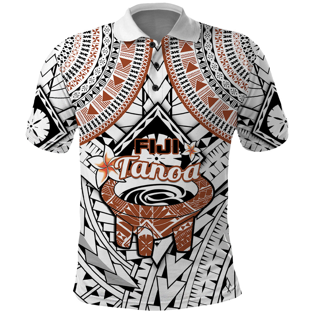 Fiji Tanoa Polo Shirt Kava Bowl Fijian Tapa Brown Pattern LT14 White - Polynesian Pride
