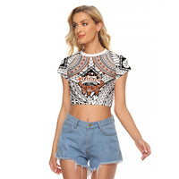 Fiji Tanoa Raglan Cropped T Shirt Kava Bowl Fijian Tapa Brown Pattern LT14 Female White - Polynesian Pride