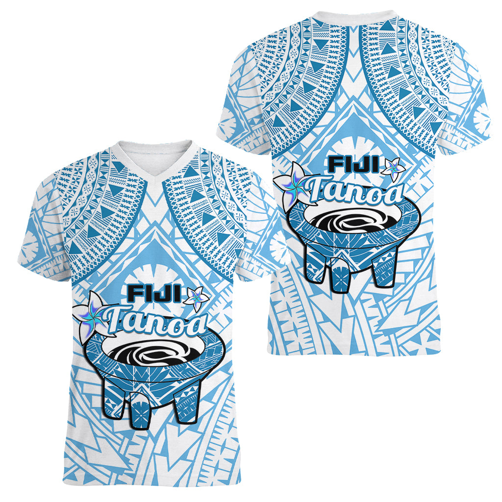 Fiji Tanoa Women V Neck T Shirt Kava Bowl Fijian Tapa Blue Pattern LT14 Female Blue - Polynesian Pride