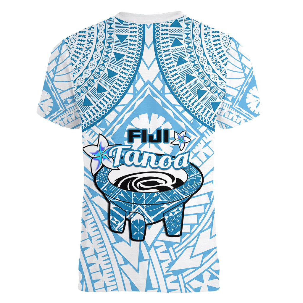 Fiji Tanoa Women V Neck T Shirt Kava Bowl Fijian Tapa Blue Pattern LT14 - Polynesian Pride
