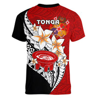 Tonga Kava Bowl Women V Neck T Shirt Tongan Kupesi Ngatu Pattern Black LT14 - Polynesian Pride