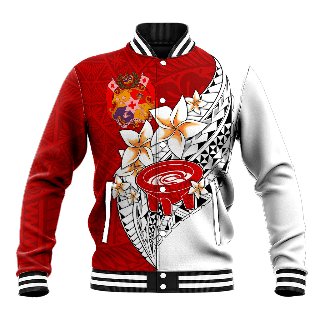 Tonga Kava Bowl Baseball Jacket Tongan Kupesi Ngatu Pattern White LT14 Unisex Red - Polynesian Pride