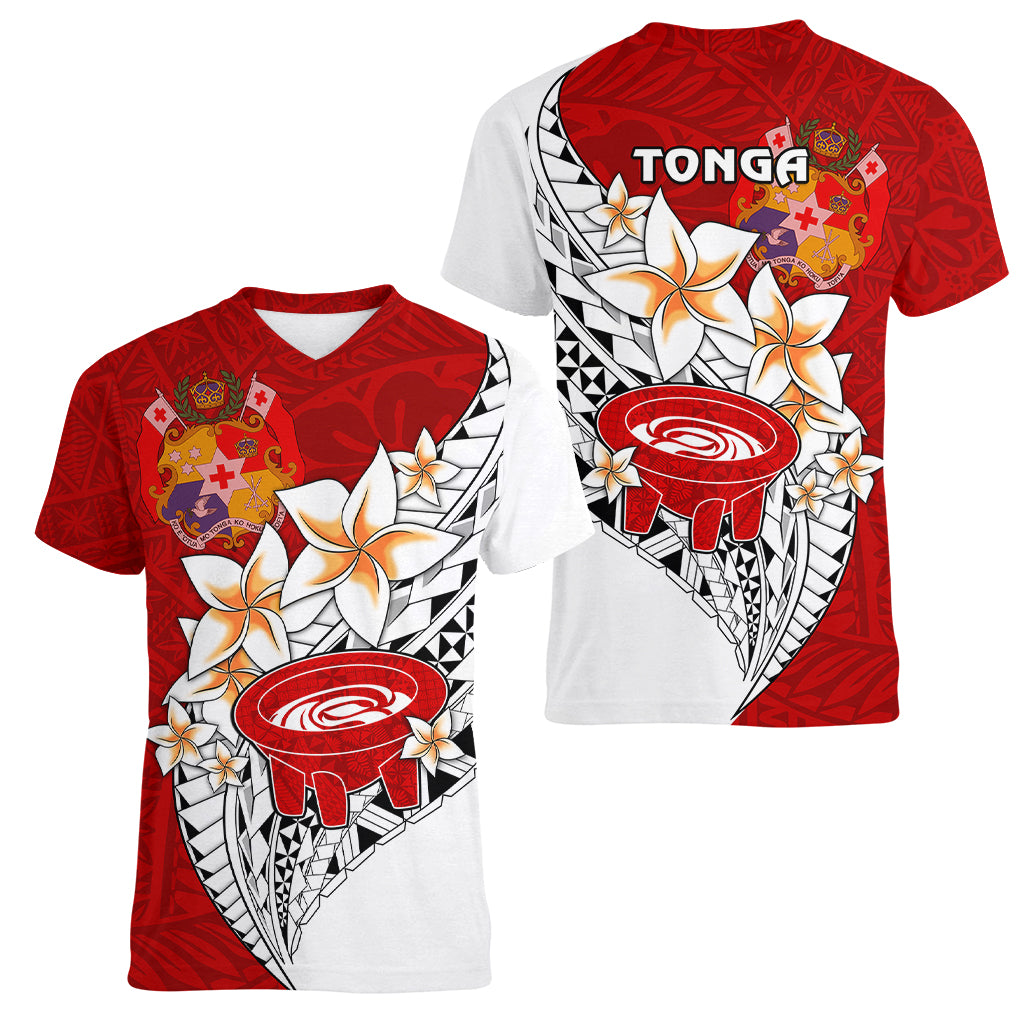 Tonga Kava Bowl Women V Neck T Shirt Tongan Kupesi Ngatu Pattern White LT14 Female Red - Polynesian Pride