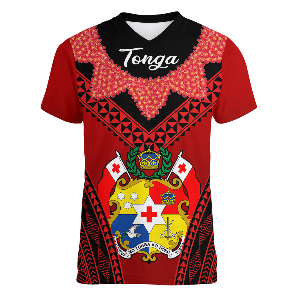 Tonga Heilala Flowers Women V Neck T Shirt Tongan Ngatu Black Special Verison LT14 - Polynesian Pride