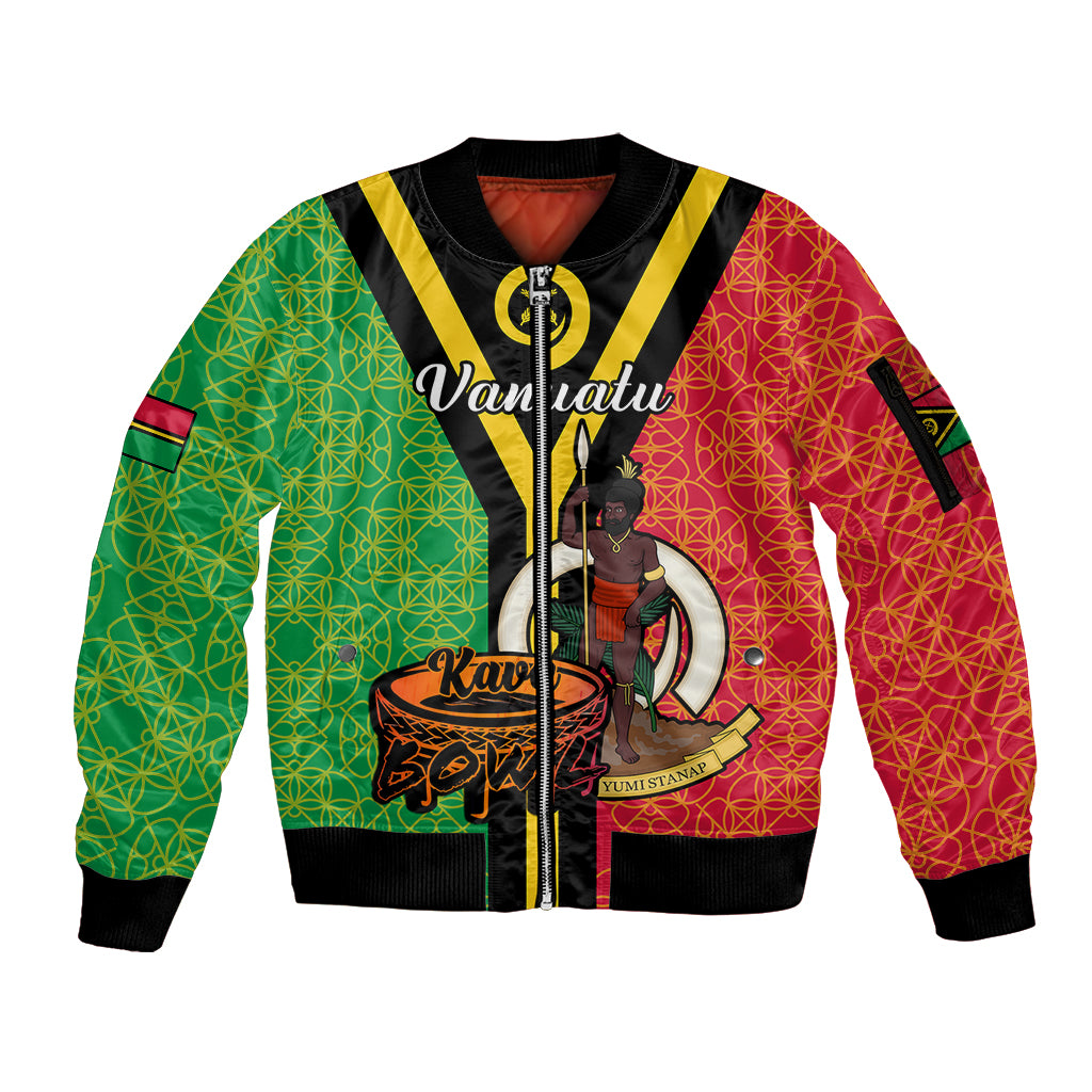 (Custom Personalised) Vanuatu Sleeve Zip Bomber Jacket Kava Bowl Mix Sand Drawing Flag Style LT14 Unisex Black - Polynesian Pride