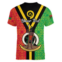 (Custom Personalised) Vanuatu Women V Neck T Shirt Kava Bowl Mix Sand Drawing Flag Style LT14 - Polynesian Pride