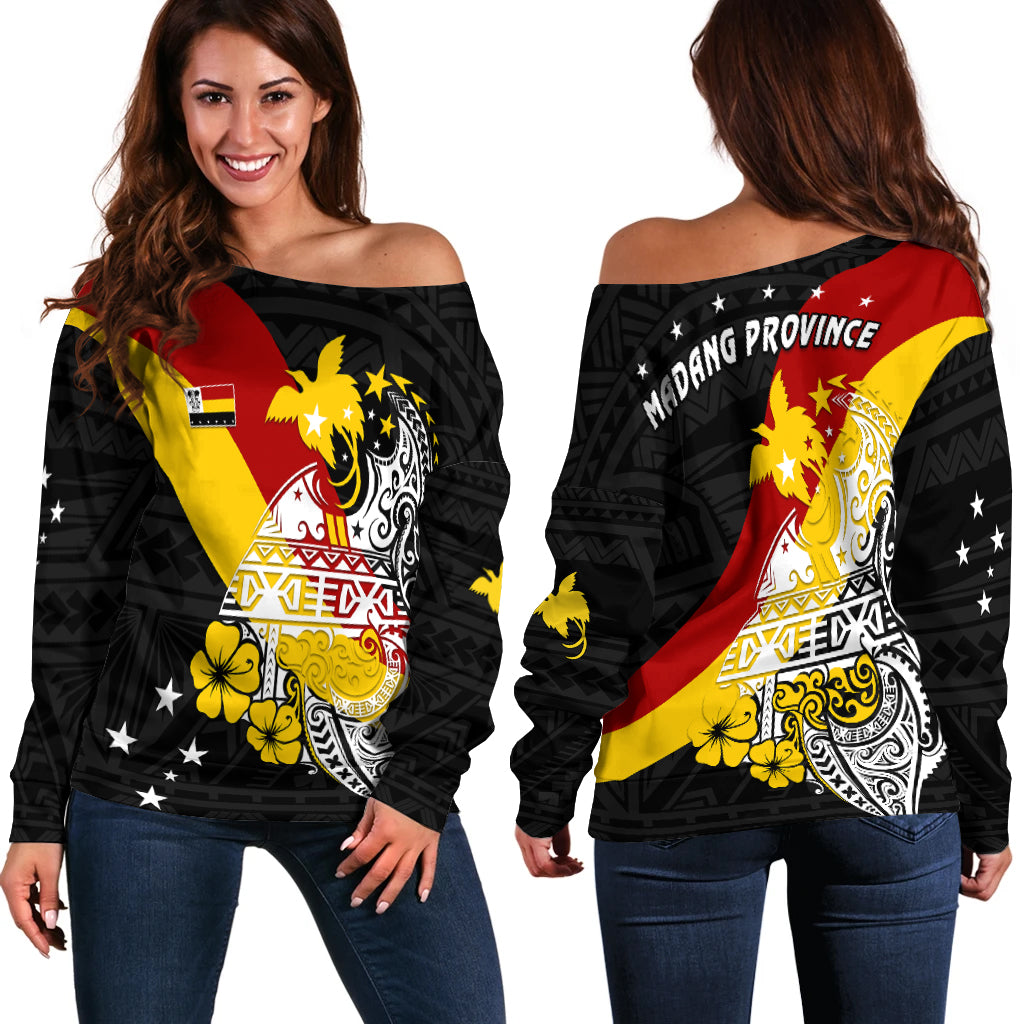 Madang Province Off Shoulder Sweater Style Life PNG LT13 Black - Polynesian Pride