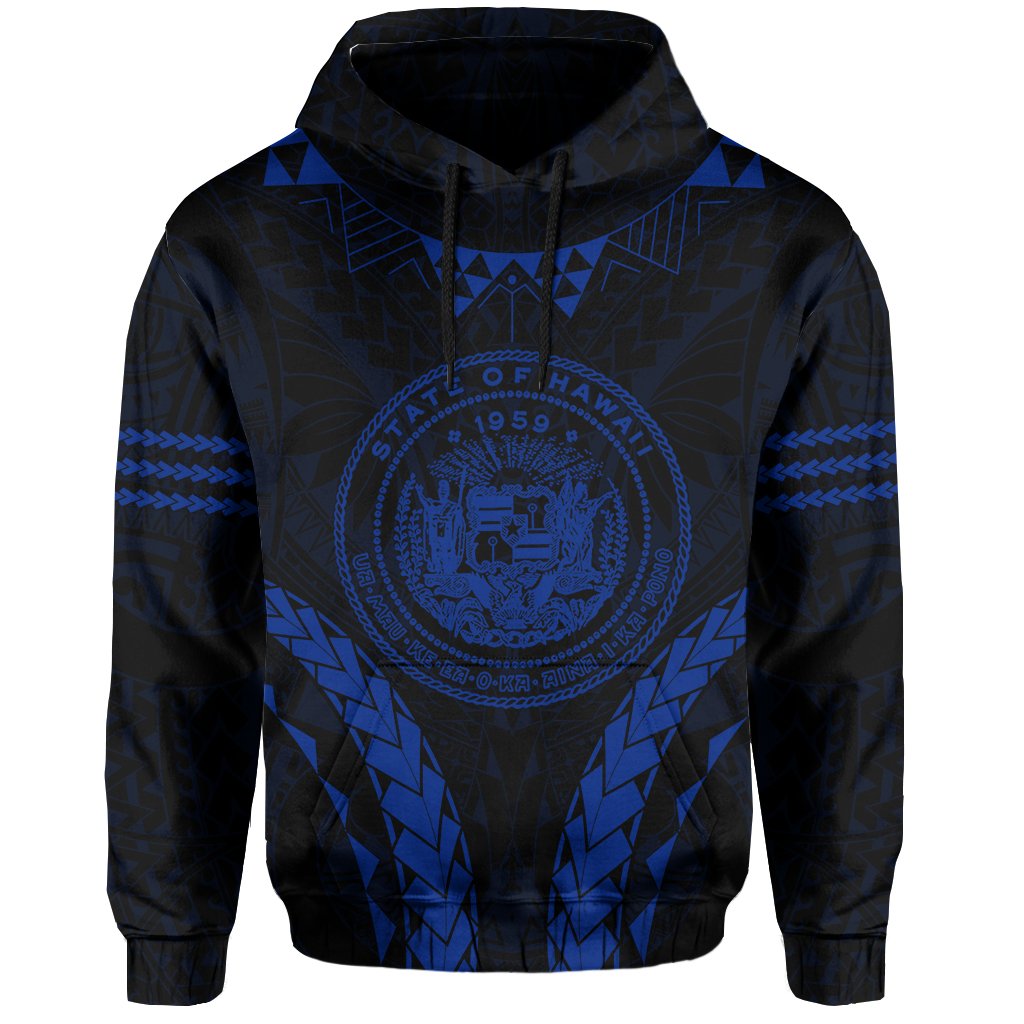 Polynesian Kakau Seal of Hawaii Hoodie Sport Style Version 2.0 Blue - Polynesian Pride
