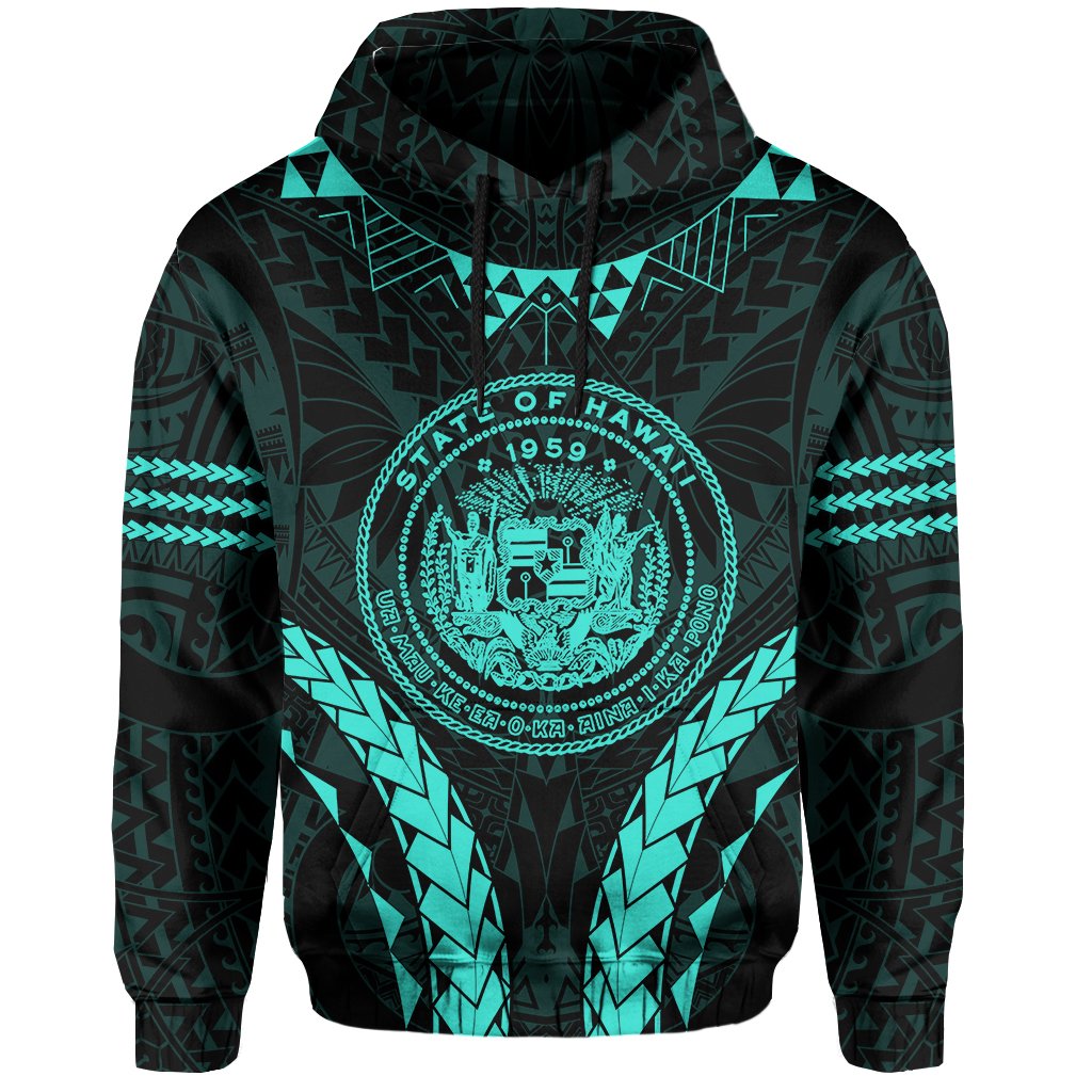 Polynesian Kakau Seal of Hawaii Hoodie Sport Style Version 2.0 Turquoise - Polynesian Pride