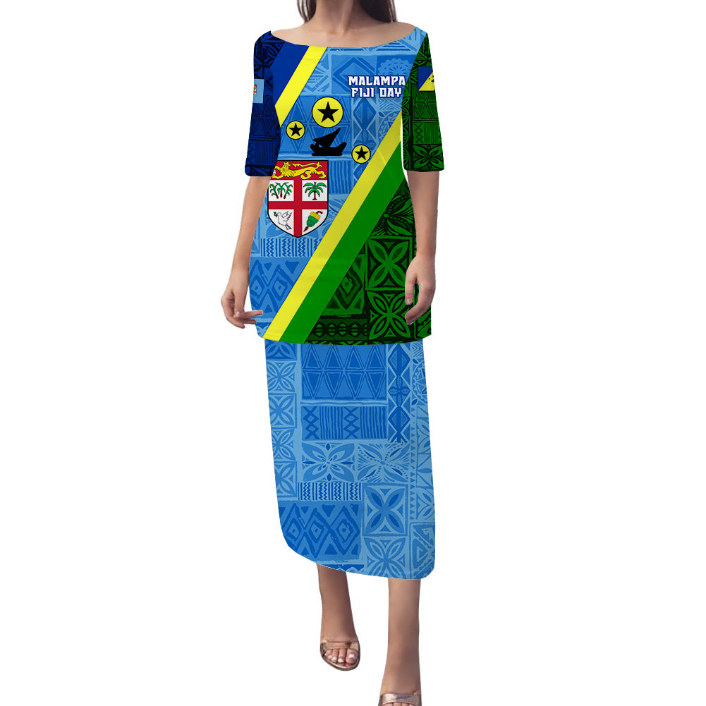 Vanuatu Malampa Fiji Day Puletasi Dress - Combine Flag Design LT4 Long Dress Yellow - Polynesian Pride
