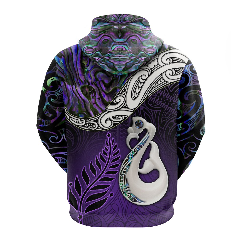 New Zealand Maori Zip Hoodie Manaia Paua Shell Glitter Purple LT4 - Polynesian Pride