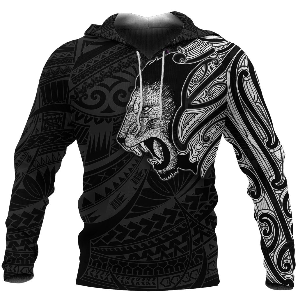 New Zealand Hoodie, Maori Lion Tattoo Pullover Hoodie White Unisex Black - Polynesian Pride