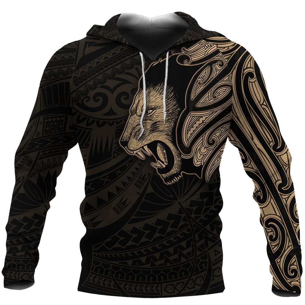 New Zealand Hoodie, Maori Lion Tattoo Pullover Hoodie Gold Unisex Black - Polynesian Pride