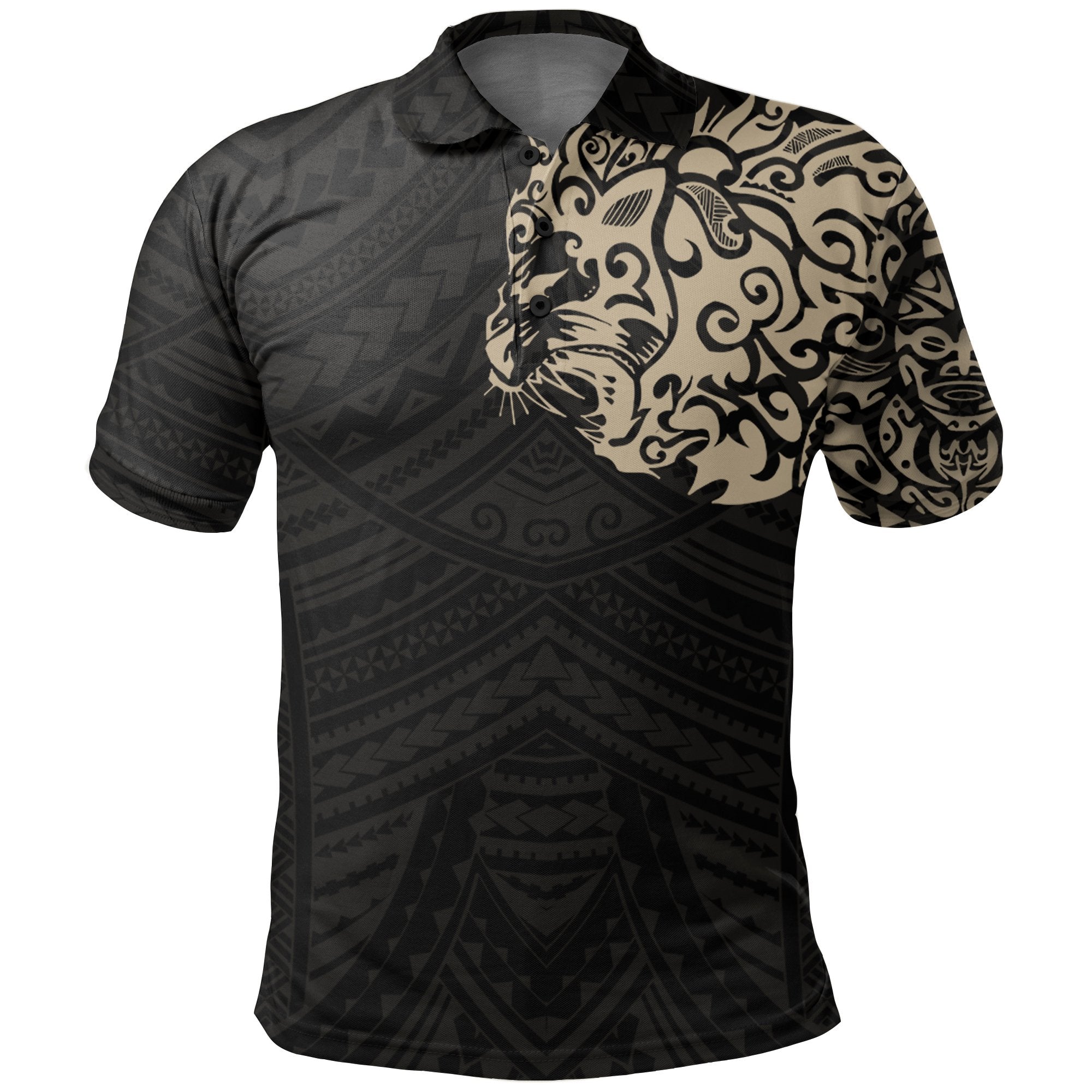 New Zealand Maori Polo Shirt, Maori Lion Tattoo Golf Shirts Tan Unisex Black - Polynesian Pride