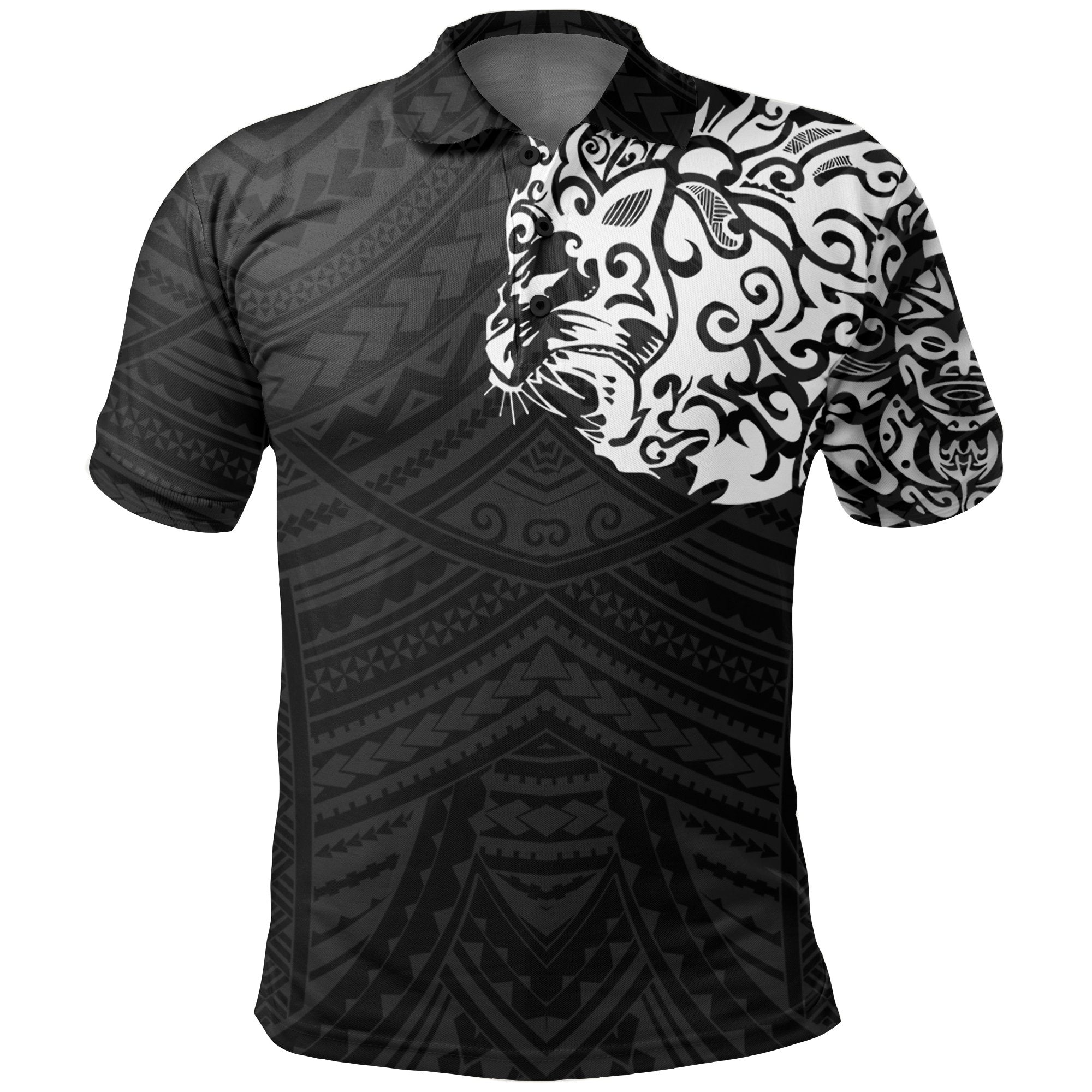 New Zealand Maori Polo Shirt, Maori Lion Tattoo Golf Shirts White Unisex Black - Polynesian Pride