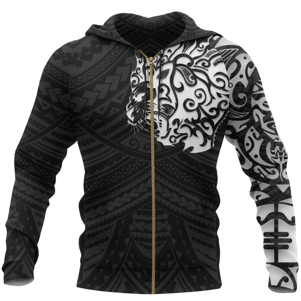 Maori Hoodie, New Zealand Lion Tattoo Zip up Hoodie Unisex Black - Polynesian Pride