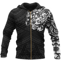 Maori Hoodie, New Zealand Lion Tattoo Zip up Hoodie Unisex Black - Polynesian Pride