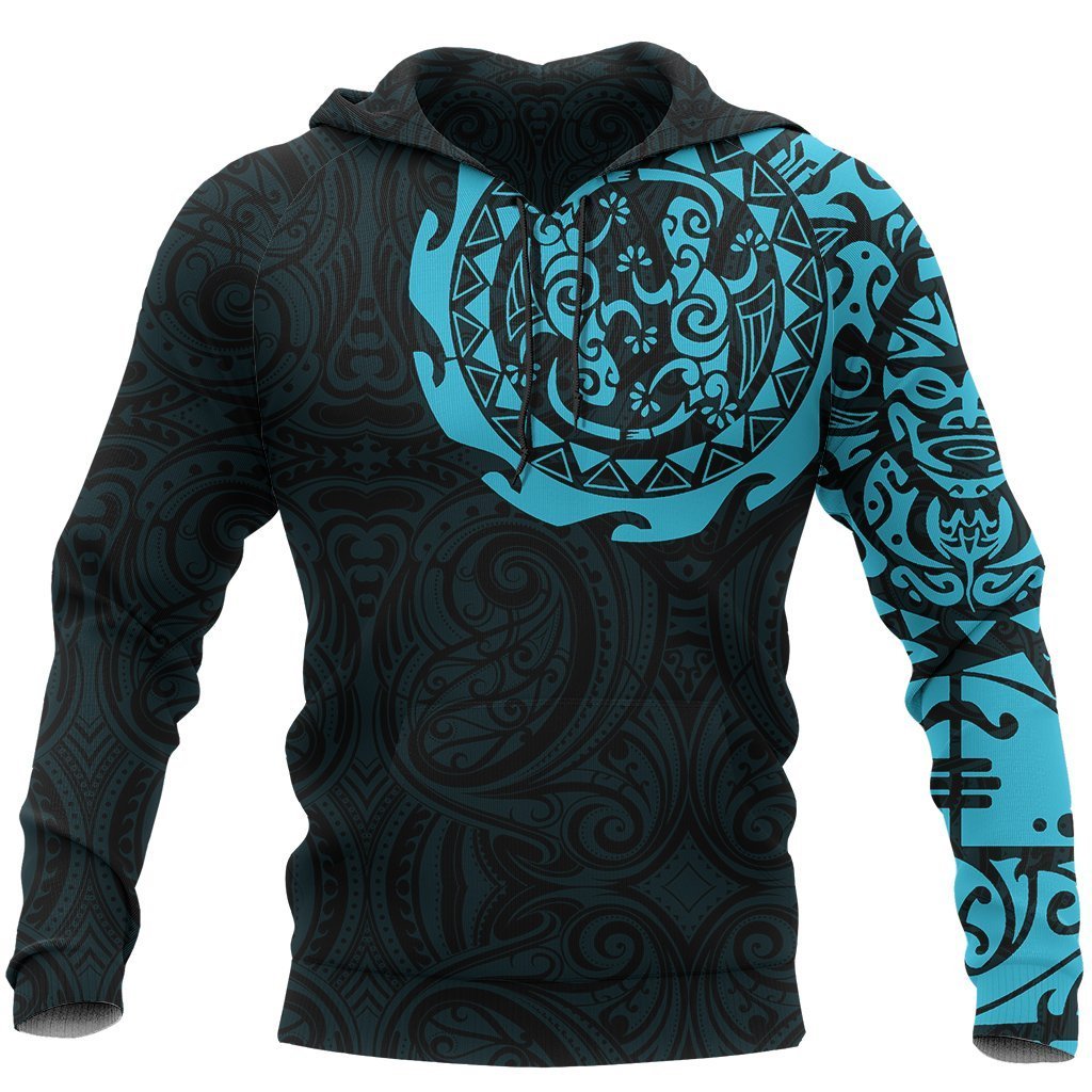 New Zealand Tangaroa Hoodie, Maori Tattoo Pullover Hoodie Unisex Light Blue - Polynesian Pride