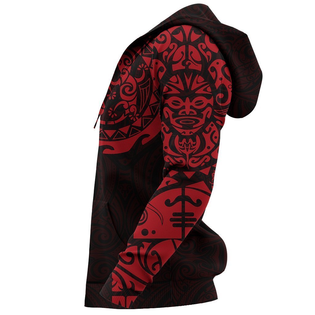 Maori Tangaroa Tattoo Zip Hoodie Customized Red - Polynesian Pride